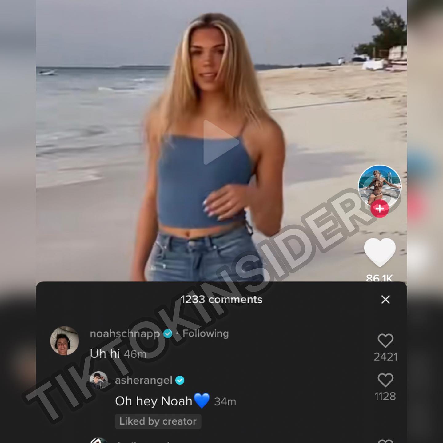 Noah Schnapp's comment on Caroline Gregory's TikTok video with Asher Angel's reply.