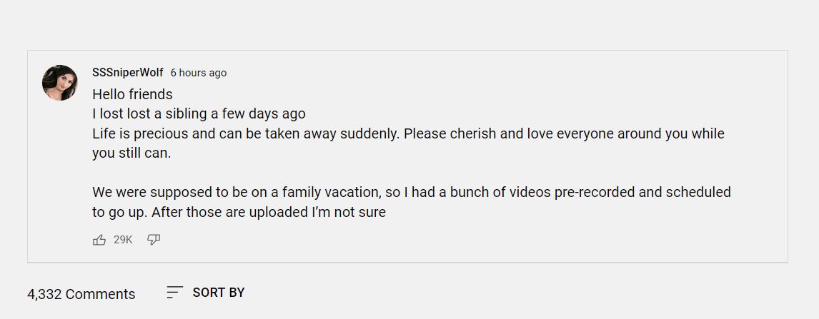 SSSniperWolf announces her sibling's death