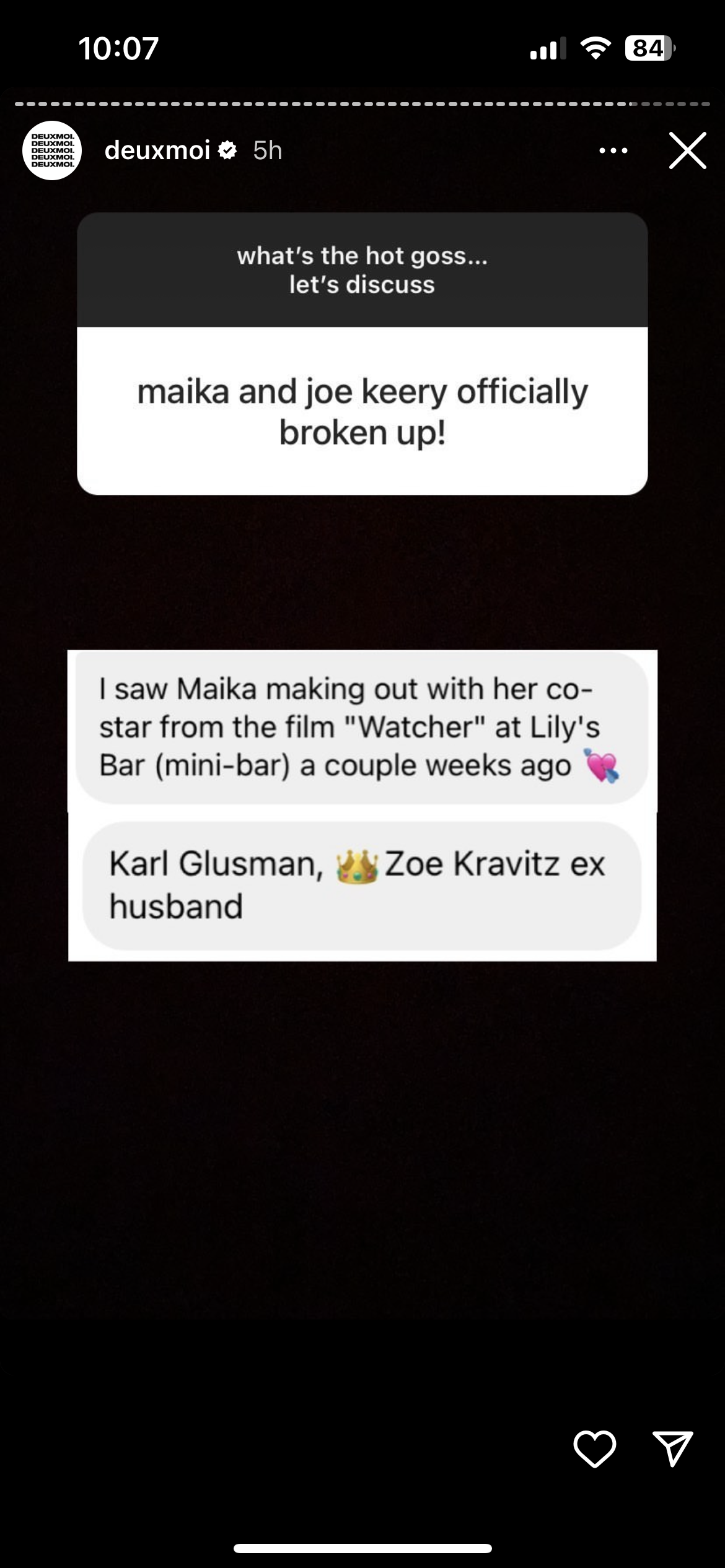 Deuxmoi revealing Maika Monroe and Joe Keery has broken up.