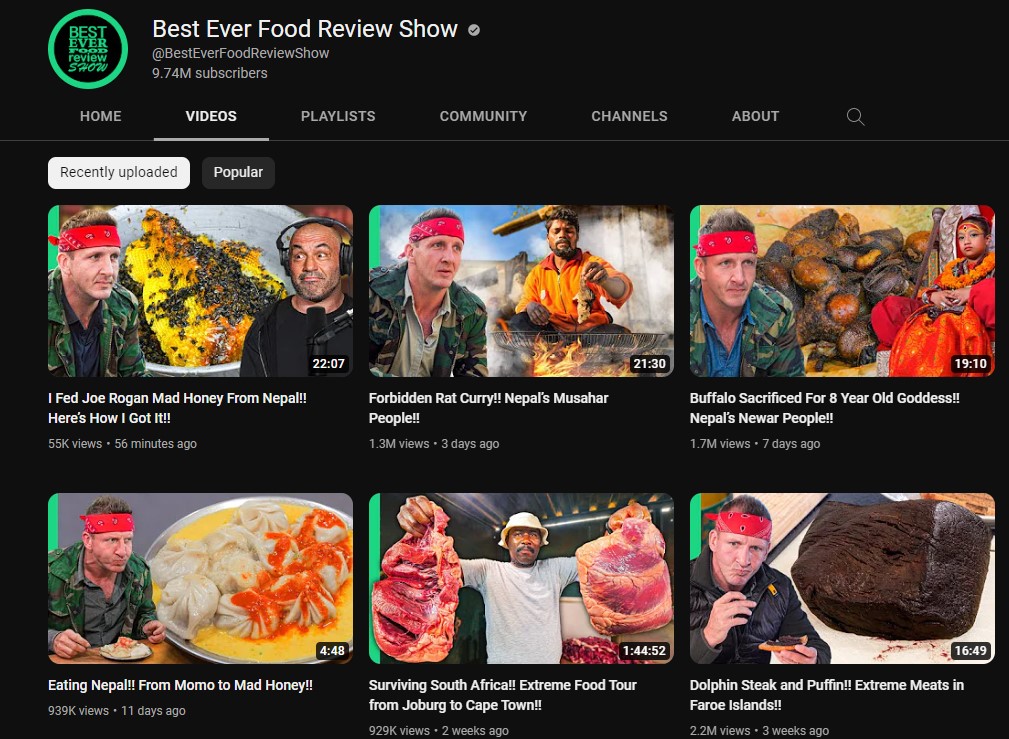 Best Ever Food Review Shows has 9.74 million subscribers.
