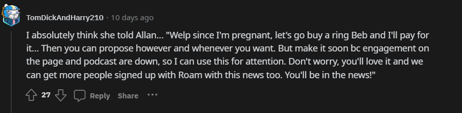 A Reddit user's opinion on Jana Kramer's alleged pregnancy with fiance Allan Russell.