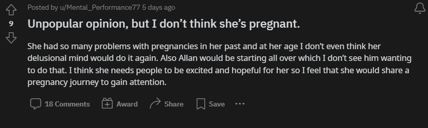 A Reddit user's opinion on Jana Kramer's alleged pregnancy.