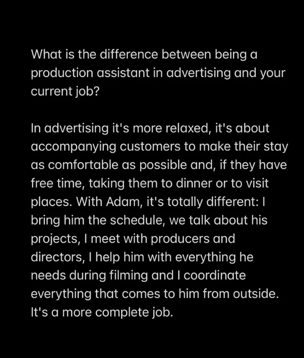 Adam Driver's personal assistant Oriol Piñeiro talks about working for him.