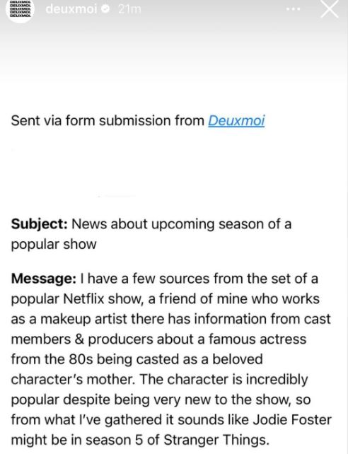Another insider claiming Jodie Foster might be joining the cast of Stranger Things Season 5. 
