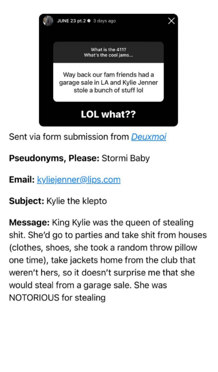 Insiders accusing Kylie Jenner of stealing items from a garage sale and parties.