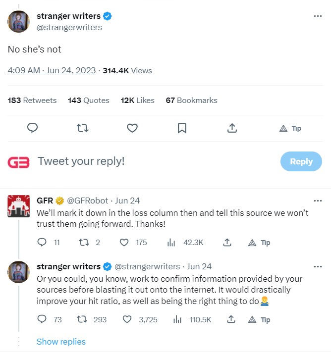 A screenshot of 'Stranger Things' writers' response to Jodie Foster being cast in 'Stranger Things' season 5