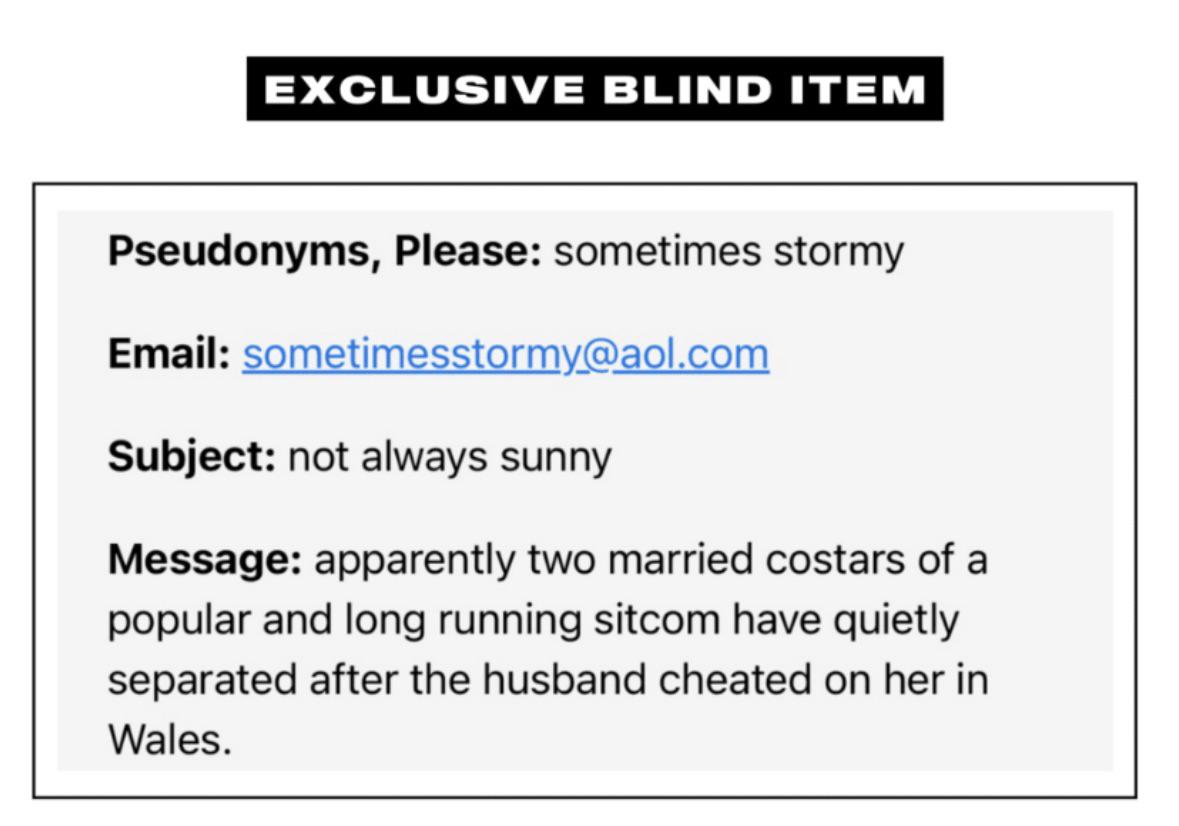 DeuxMoi's blind item about Rob McElhenney cheating on his wife Kaitlin Olson