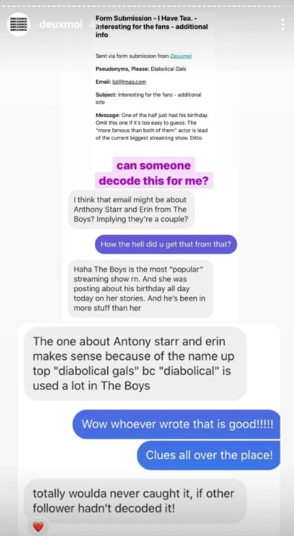 Fans indicated that the email was about Erin Moriarty and Antony Starr.