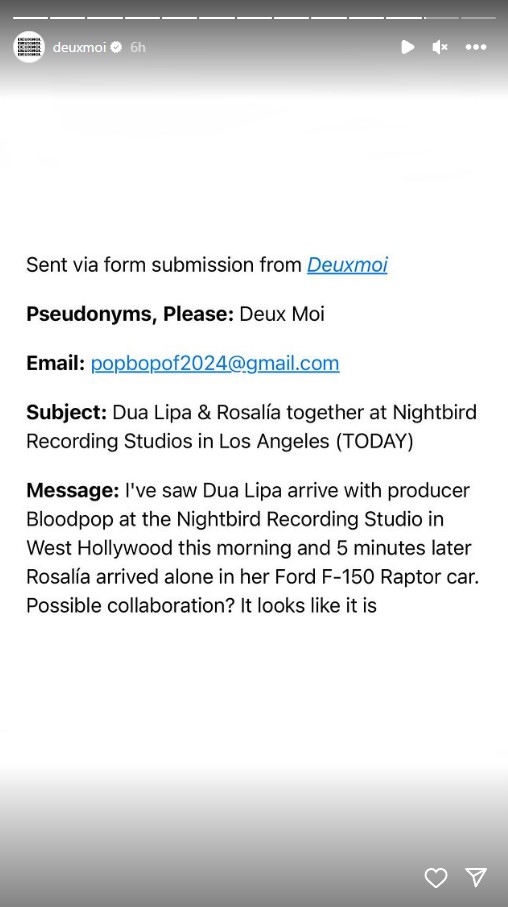 DeuxMoi's tip revealing Dua Lipa and Rosalía's possible collab