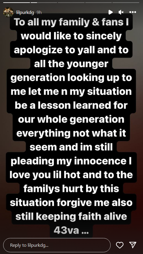 Lil Purk apologized after being arrested.