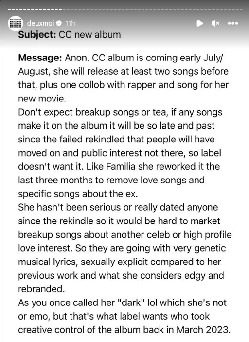 Insider tip to DeuxMoi about Camila Cabello's new album, its release date, and more