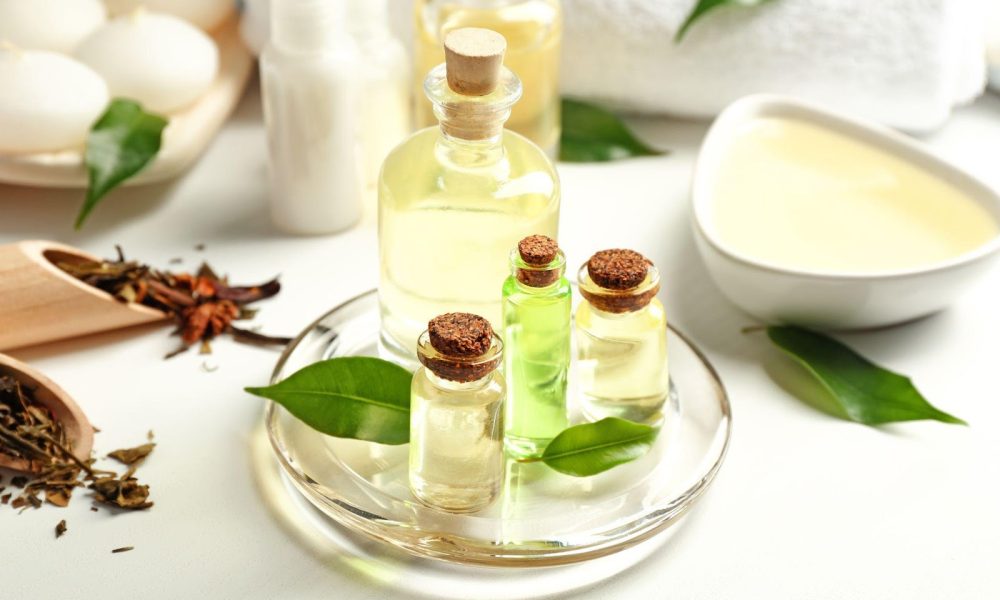 essential oils in a tray