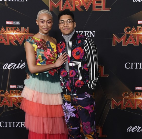 Tati Gabrielle and Chance Perdomo at the premiere of Captain Marvel.