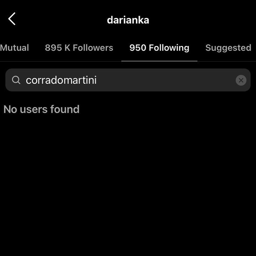 A screenshot of Darianka Sanchez's Instagram following that shows she doesn't follow Corrado Martini.