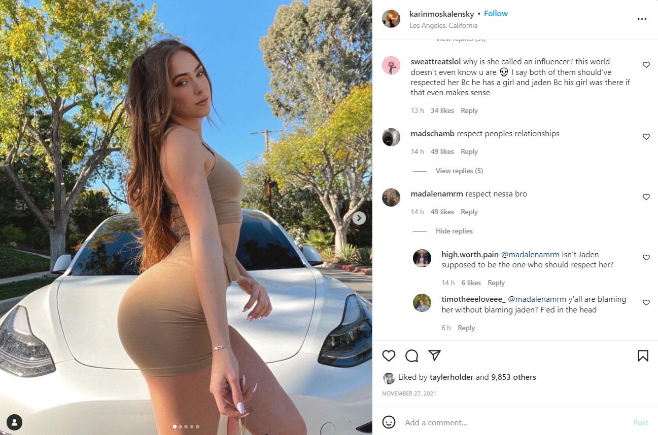 Karin Moskalensky's Instagram post in which fans slammed her.