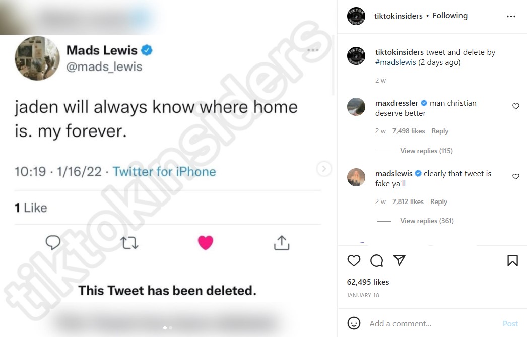 Mads Lewis' cryptic Twitter post and her comment saying it's fake.