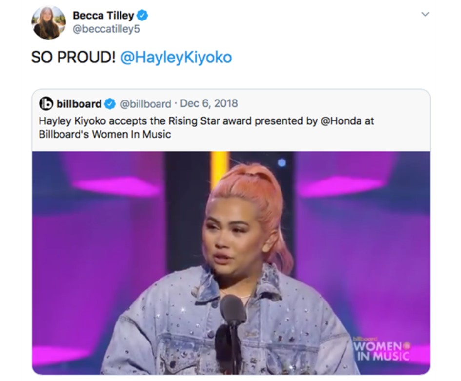 Becca Tilley's Twitter post about Hayley Kiyoko
