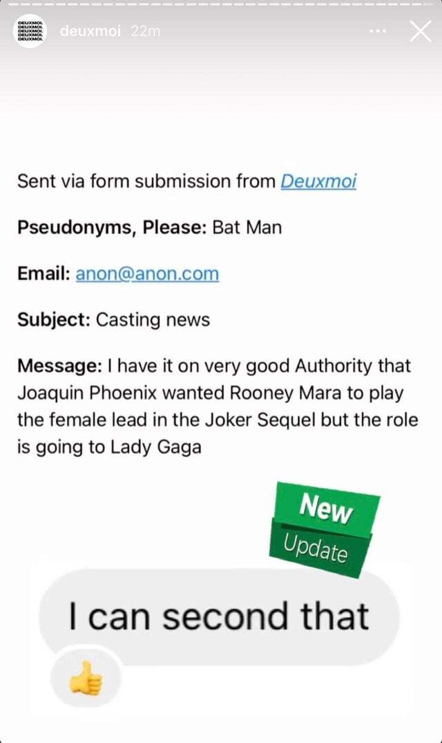 Deuxmoi's Instagram story about Lady Gaga being cast in 'Joker 2'