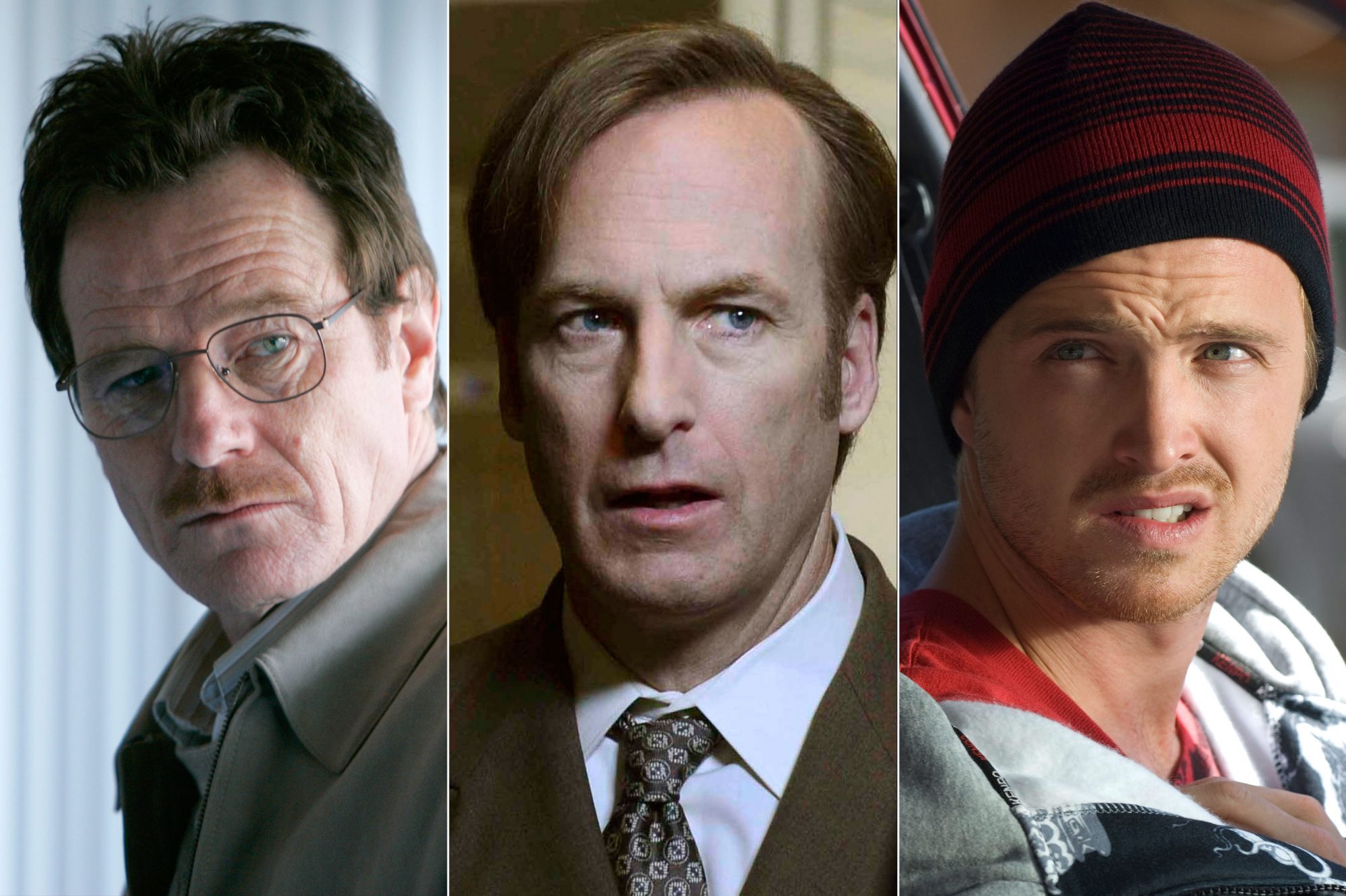 Bryan Cranston as Walter White, Bob Odenkirk as Saul Goodman, and Aaron Paul as Jesse Pinkman