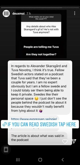 Deuxmoi's Instagram story discussing Alexander Skarsgard and Tuva Novotny's relationship