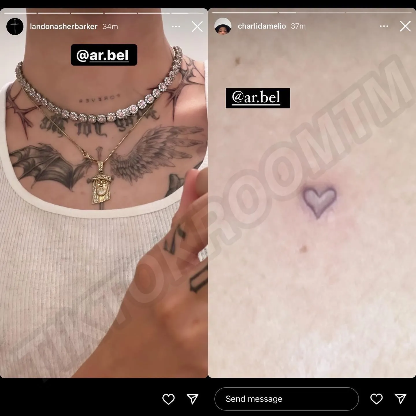 A collage picture of Charlie Damelio and her rumored boyfriend Landon Barker's tattoos