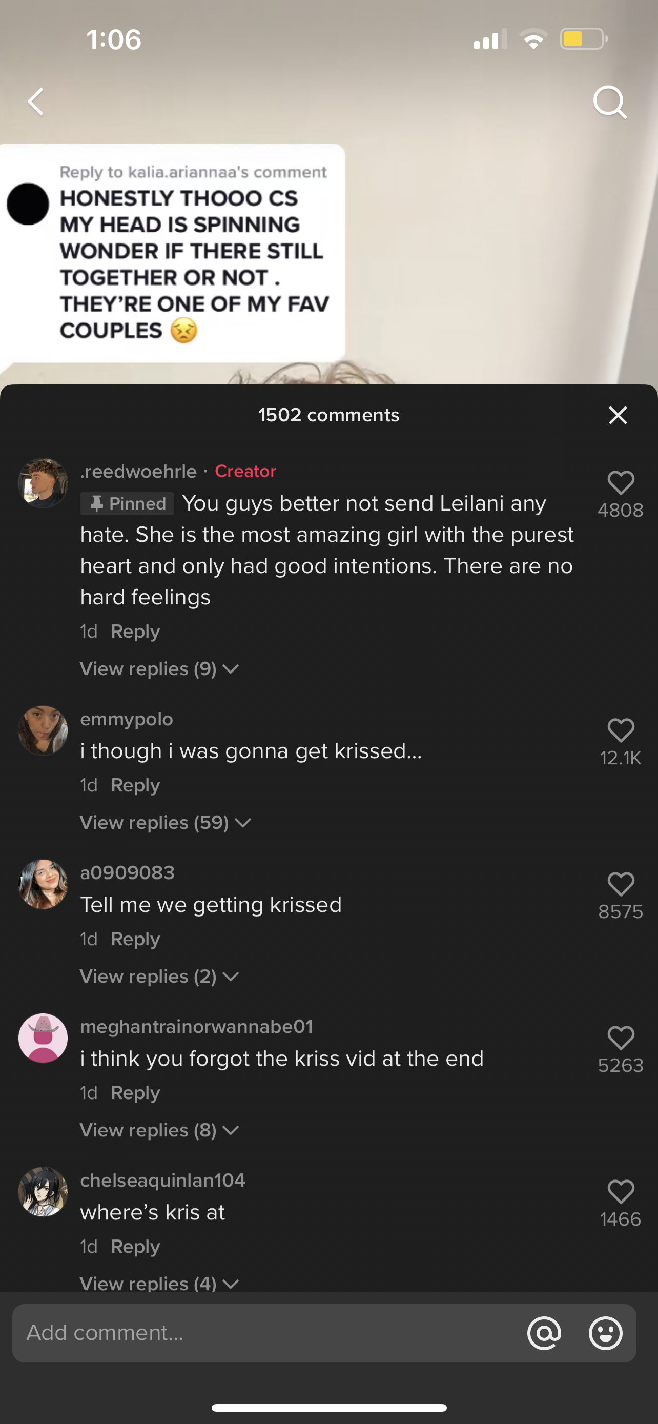 Comments under Reed Woehrle’s video addressing his break up.