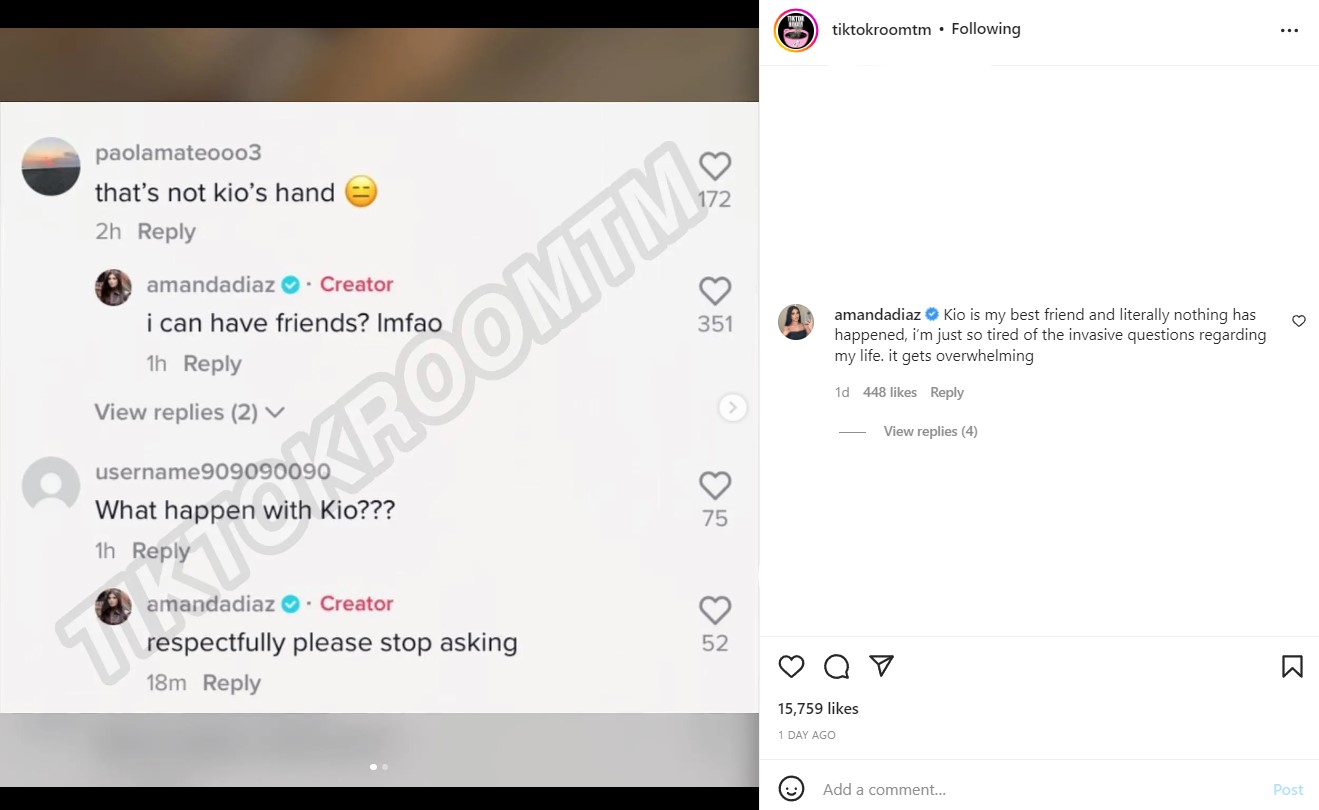 The original Tiktokroom's Instagram post along with Amanda Diaz's comment