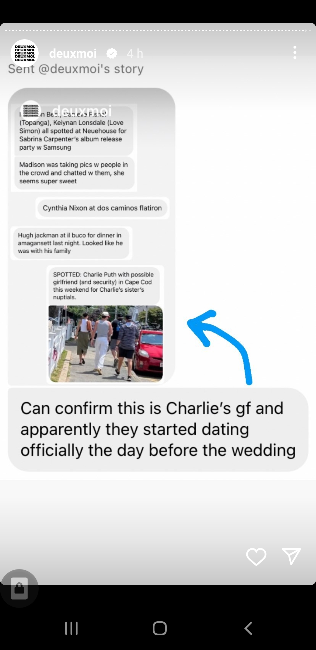 Deuxmoi reported that Charlie Puth's girlfriend was present at his sister's wedding.