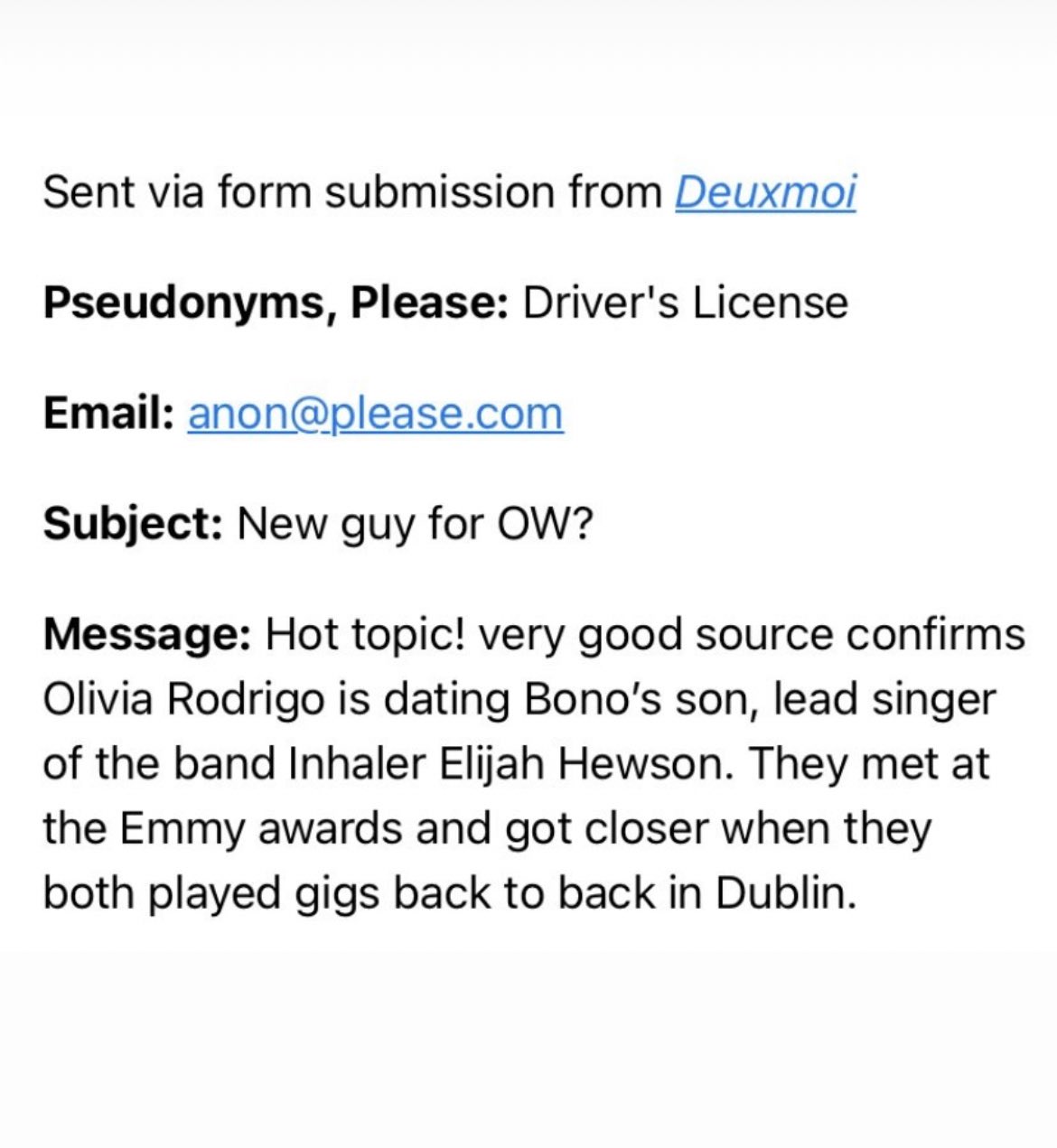 Deuxmoi's source revealed that Olivia Rodrigo might be dating Elijah Hewson.