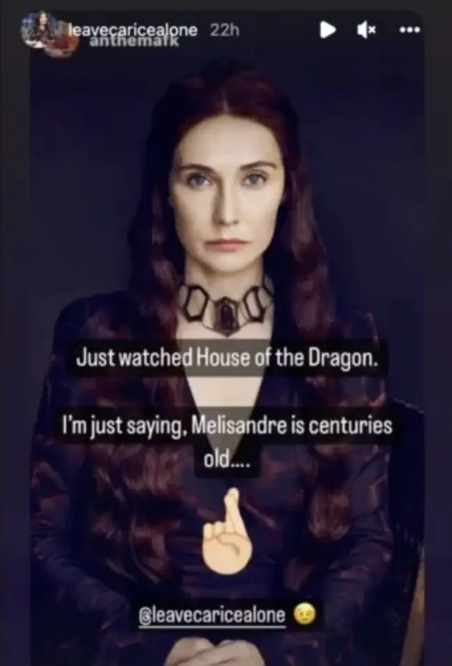 Carice van Houten's Instagram story teasing her desire to play Lady Melisandre House of the Dragon