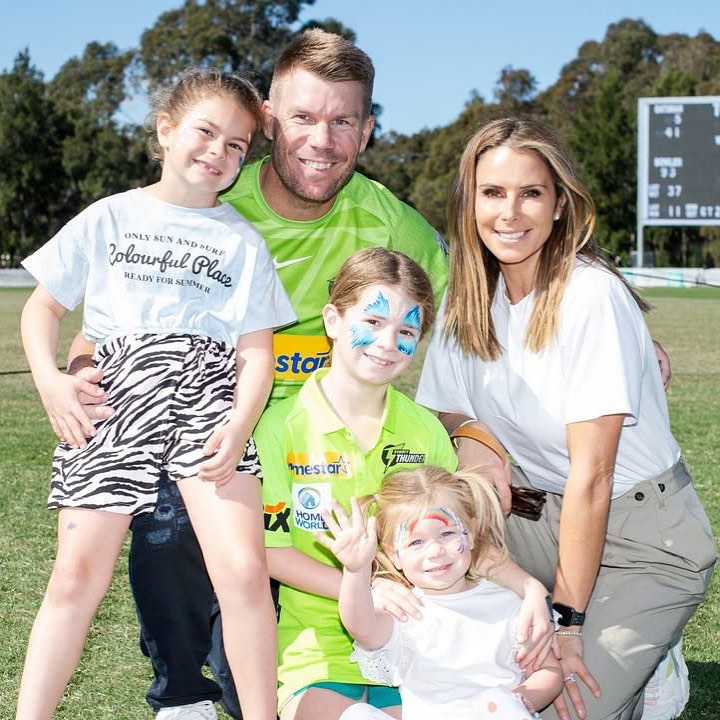 David Warner with his wife, Candice Warner, and their children