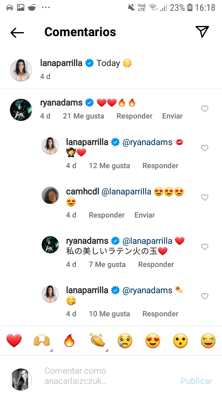 A screenshot of Lana Parrilla and Ryan Adams' flirty comments