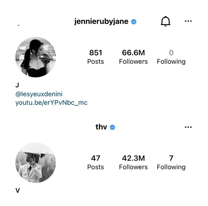 The Instagram pages of Blackpink’s Jennie and BTS’ V.