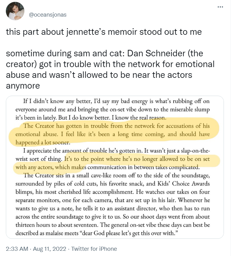 A Twitter user sharing a part of Jennette McCurdy's memoir.