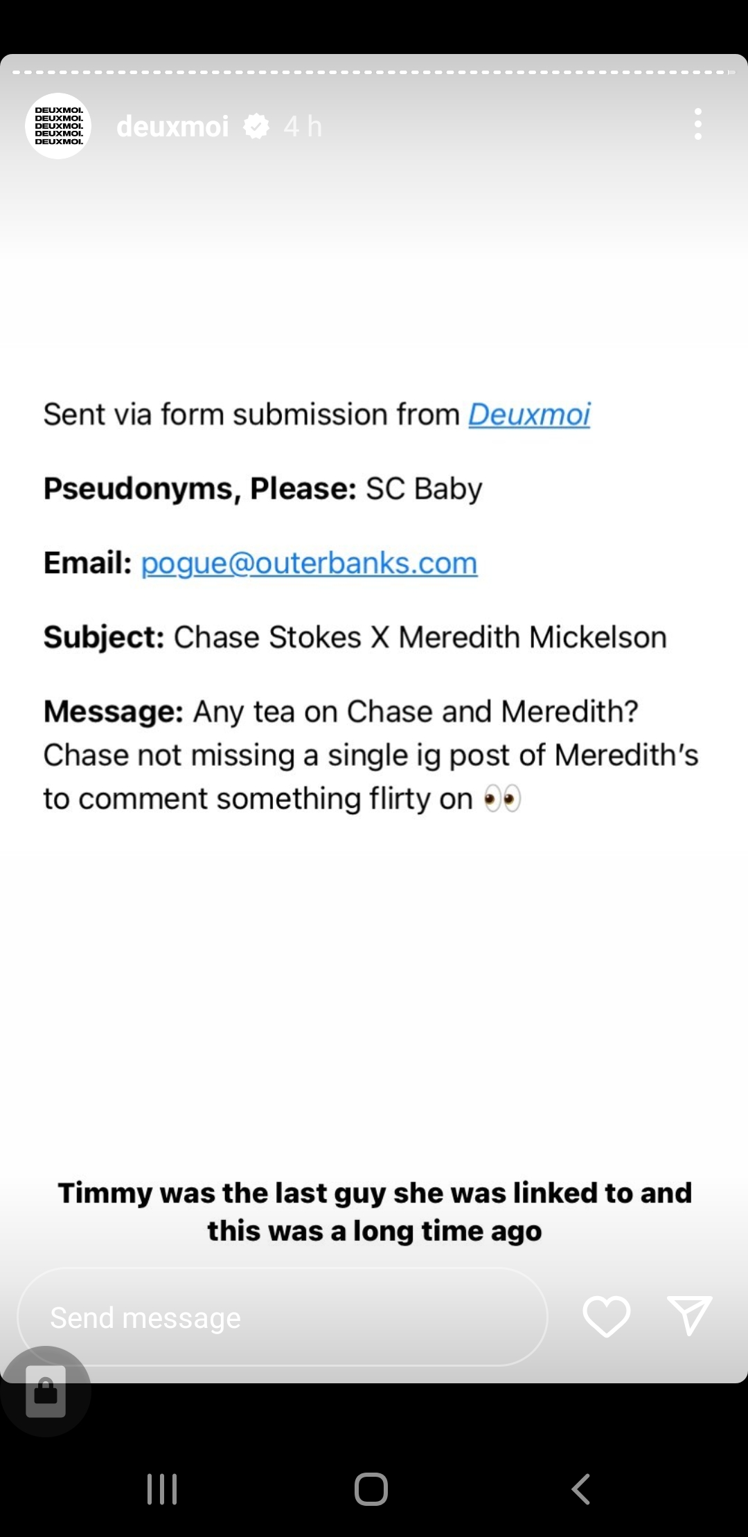 Deuxmoi response regarding Chase Stokes and Meredith Mickelson.