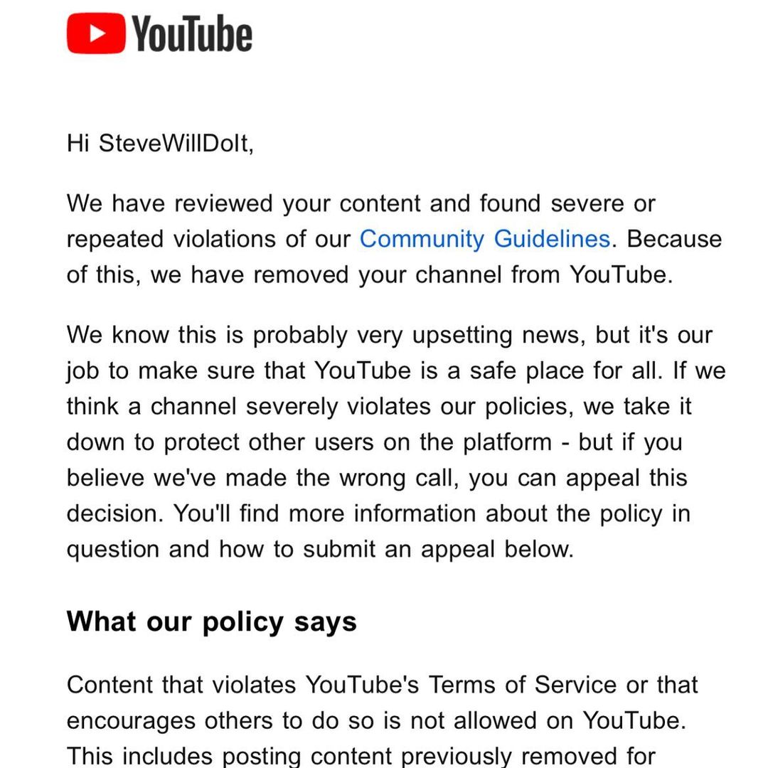 SteveWillDoIt received a permanent ban on his YouTube channel.