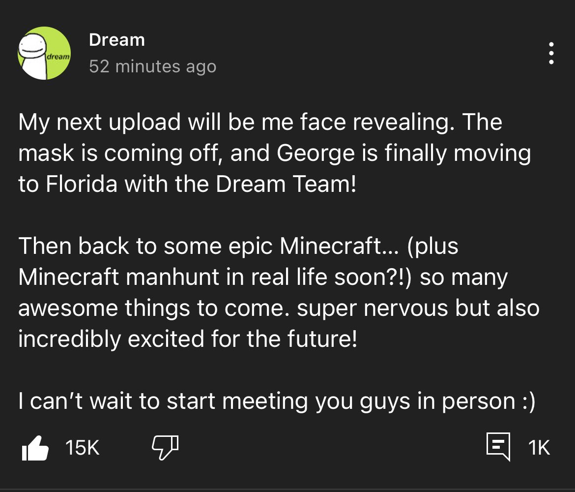Dream's announcement about his face reveal on YouTube