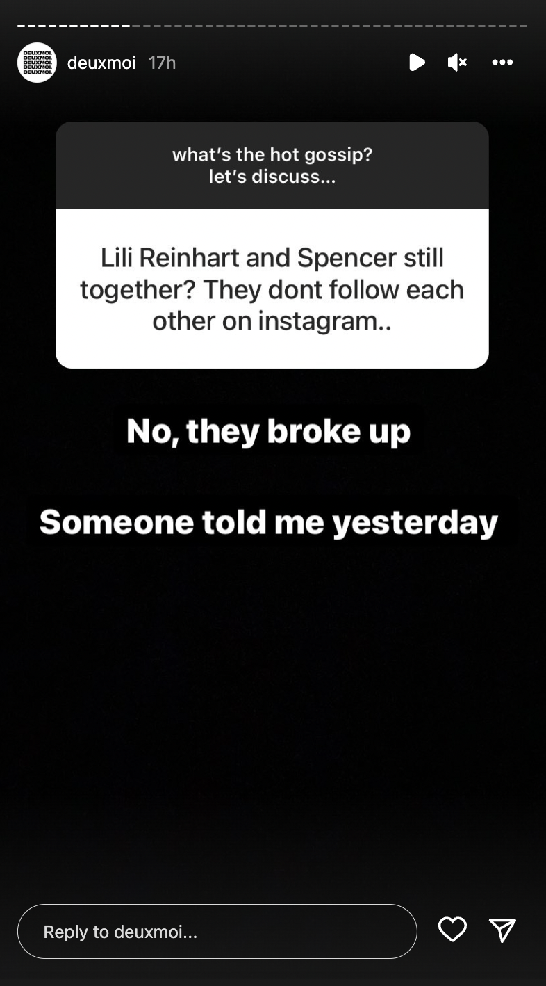 Deuxmoi confirmed that Lili Reinhart and her new boyfriend, Spencer Neville, had gone through a break up.