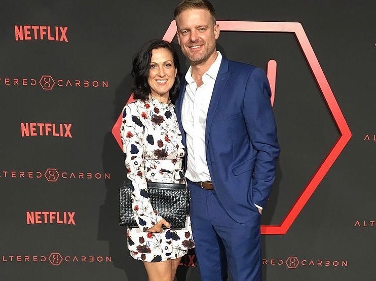 Matt Biedel and Amy Biedel attend the red carpet premiere of Altered Carbon. 