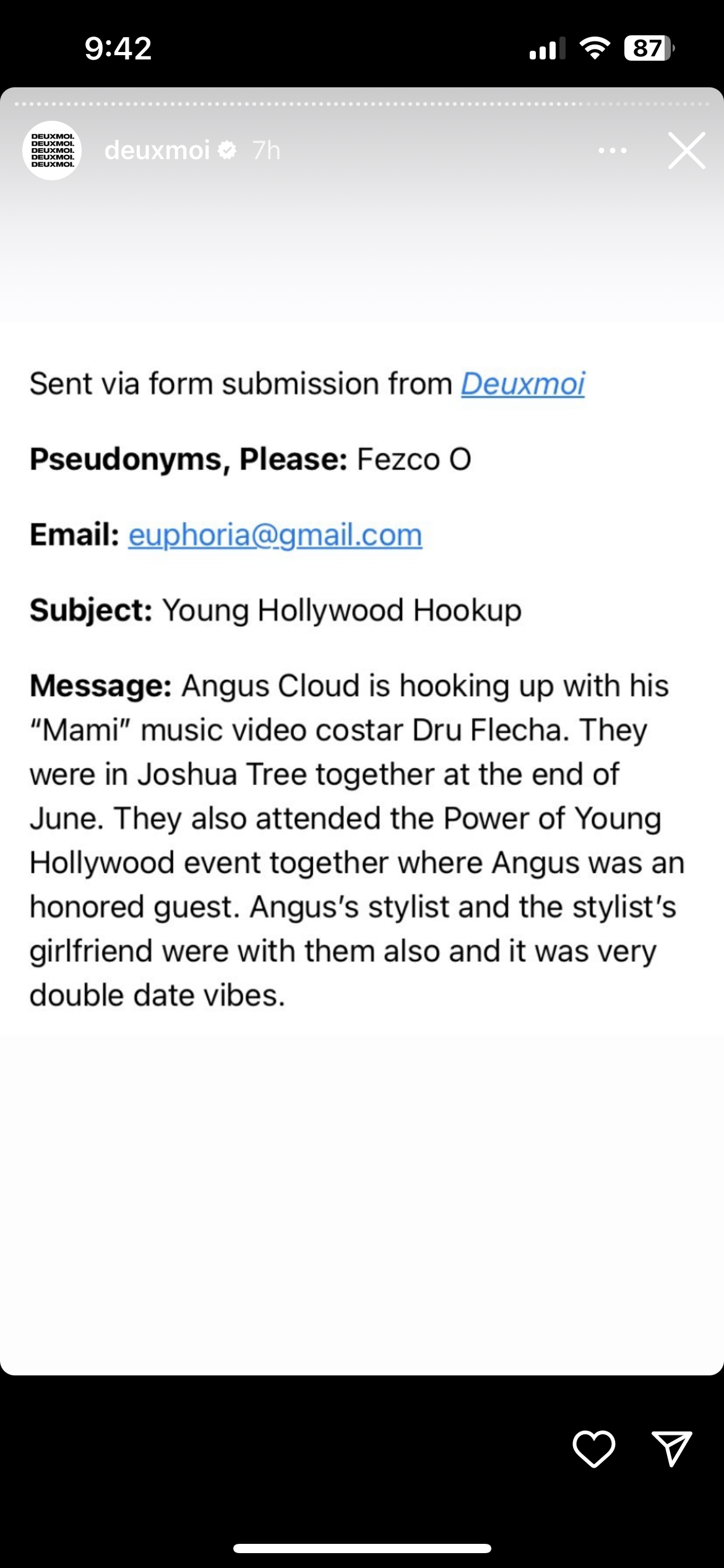 An anonymous tip confirming Angus Cloud's relationship with Dru Flecha to Deuxmoi