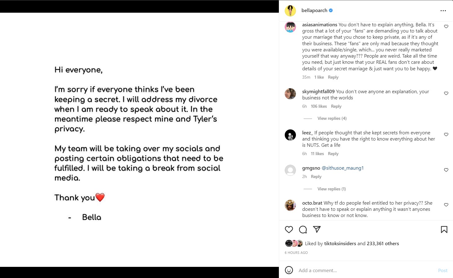 Bella Poarch's social media break announcement, along with her fan's supportive comments