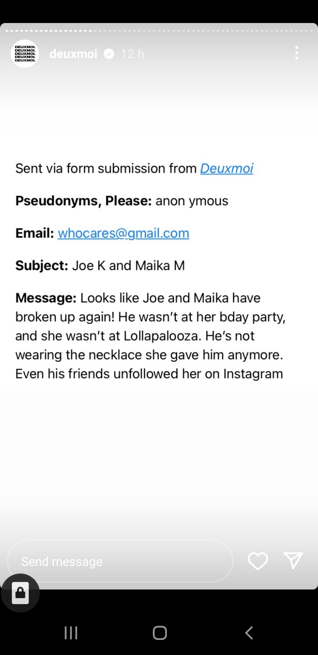 Deuxmoi revealing that Maika Monroe and Joe Kerry might have broken up.