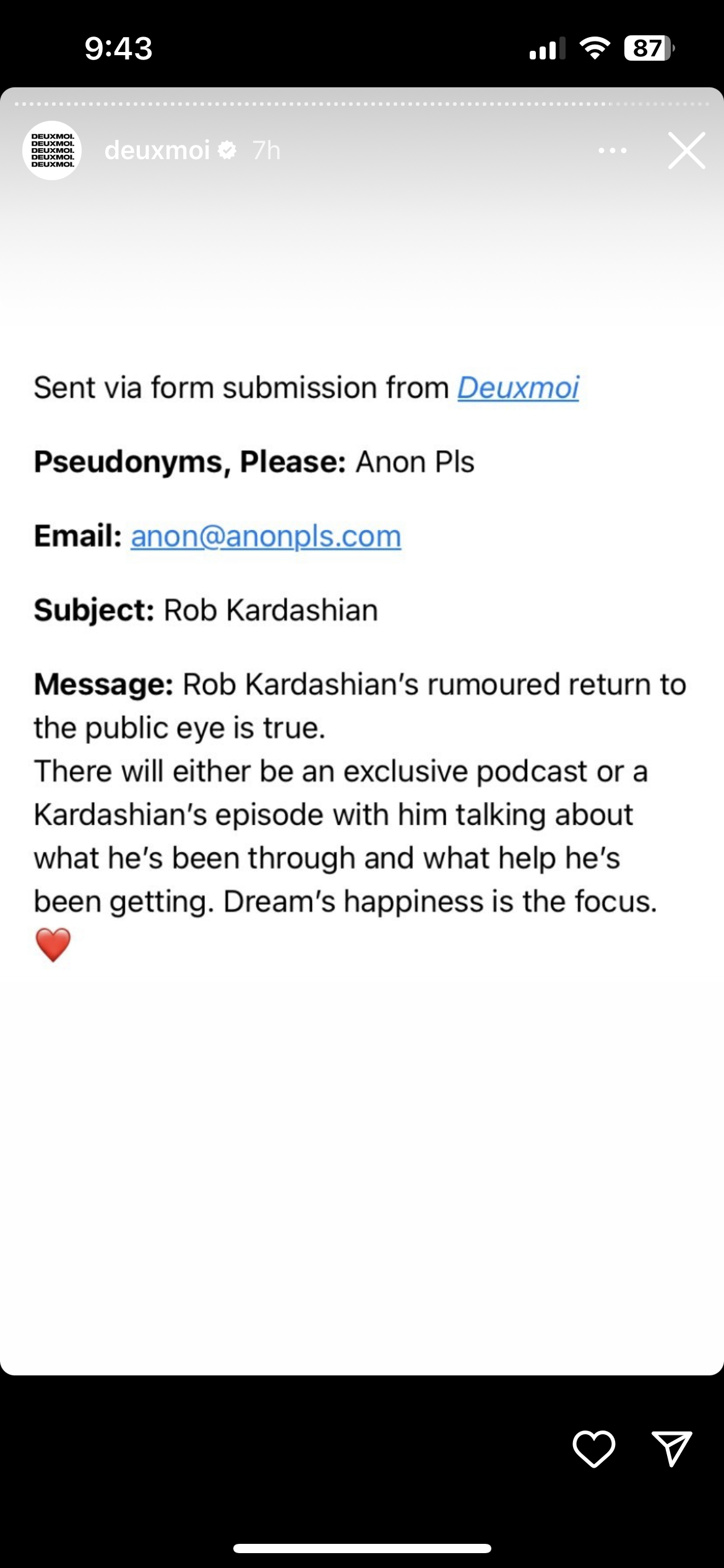 Deuxmoi revealing that Rob Kardashian might have a comeback. 