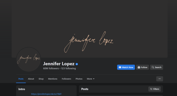 Jennifer Lopez's Facebook profile.