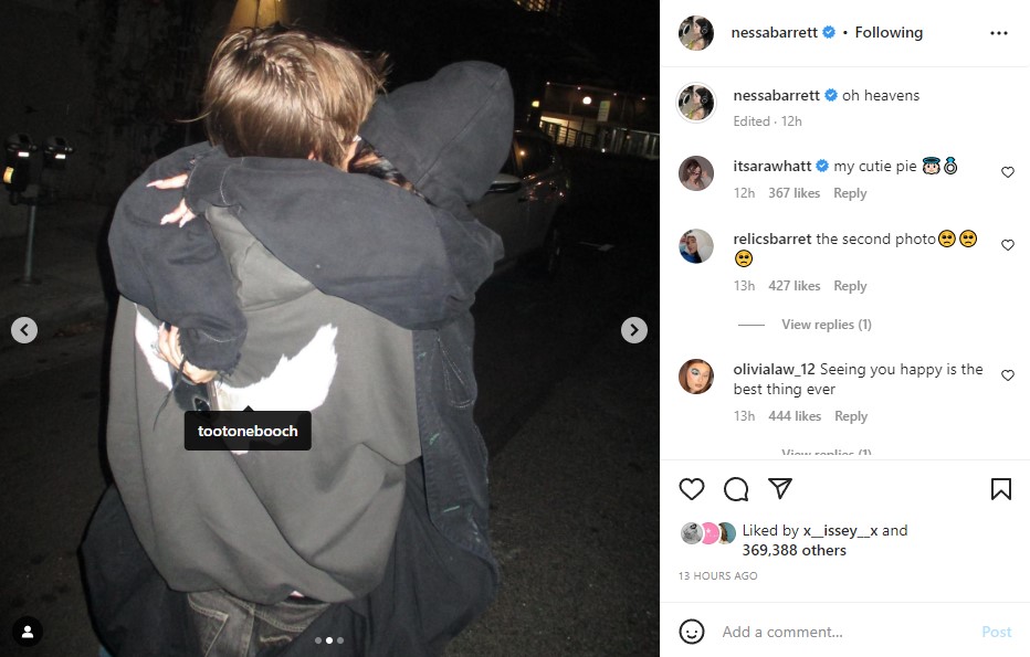Nessa Barrett hugging her new boyfriend, Harley Solomon, and tagging him on Instagram