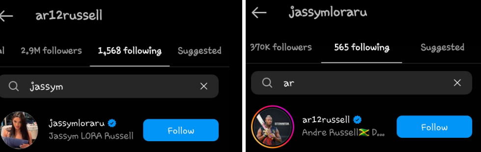 Andre Russell and Jassym Lora still follow each other on Instagram.