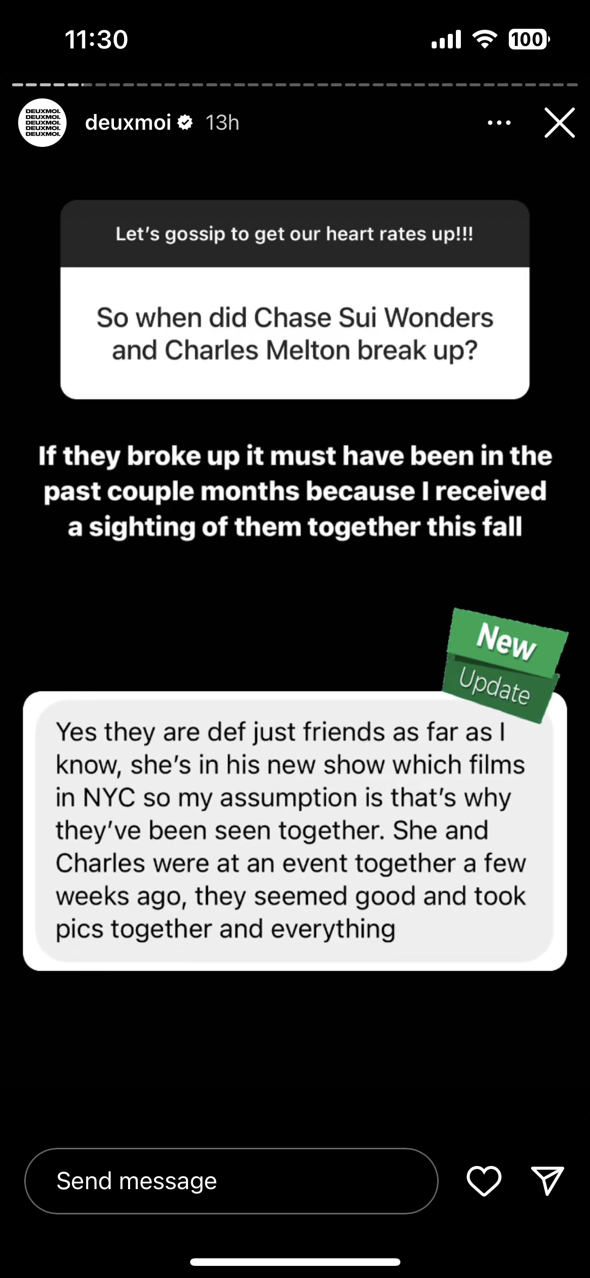 Deuxmoi reported the possibility of Charles Melton and Chase Sui Wonders' break up. 