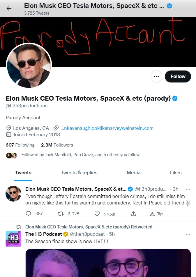 Ethan Klein's Elon Musk parody account is unsuspended on Twitter