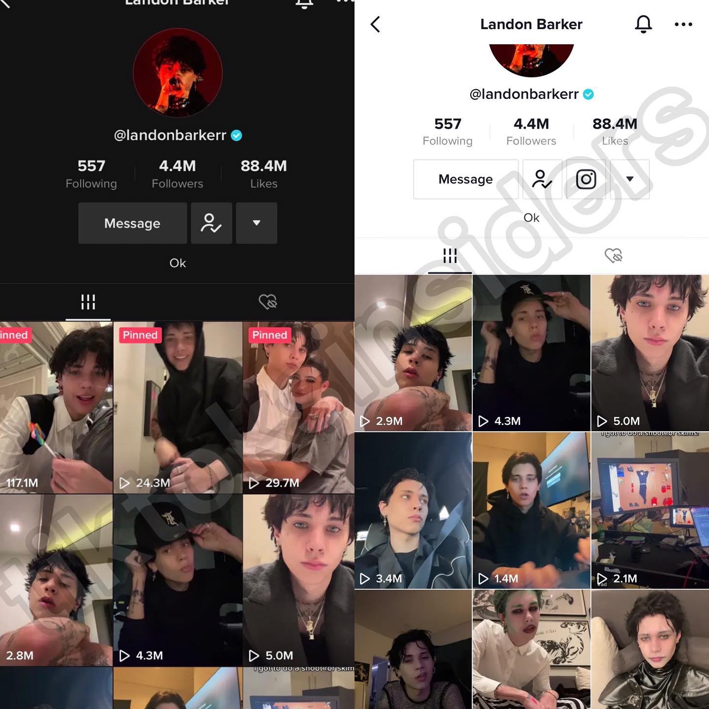 Landon Barker's TikTok handle before and after he unpinned videos with Charli D’Amelio