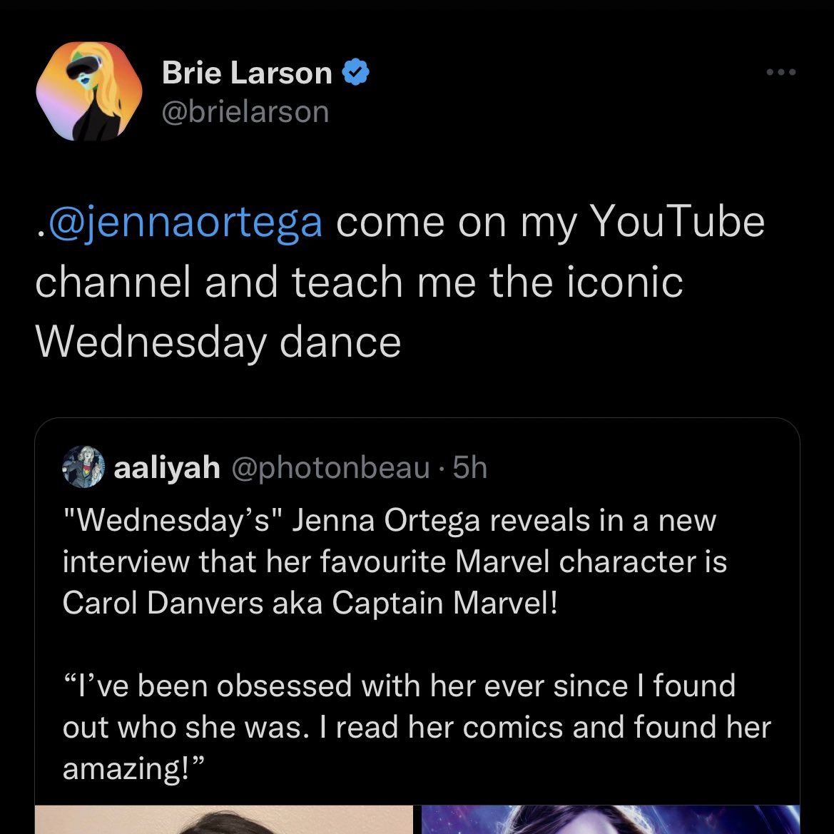 The false tweet claiming Jenna Ortega's favorite MCU superhero is Captain Marvel. 